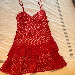 Lulu's Red Beauty and Lace Red and Nude Crochet Lace Mini Dress